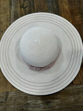 Magid Wide Brim Straw Sun Hat in Pale Pink with Bow Trim